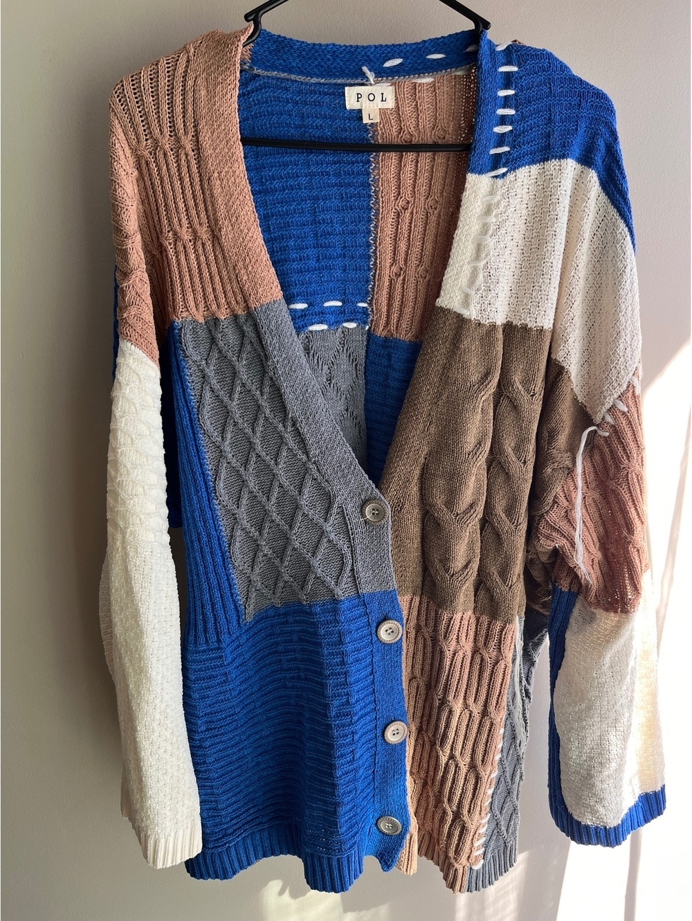 POL Multicolored Patchwork Cable Knit Cardigan Sweater Large
